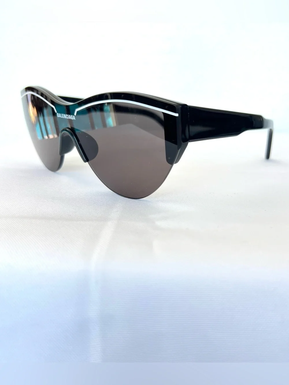 BALENCIAGA BB0004SA Shield Shape Grey Lens Frame White Imprint Sunglasses NWB